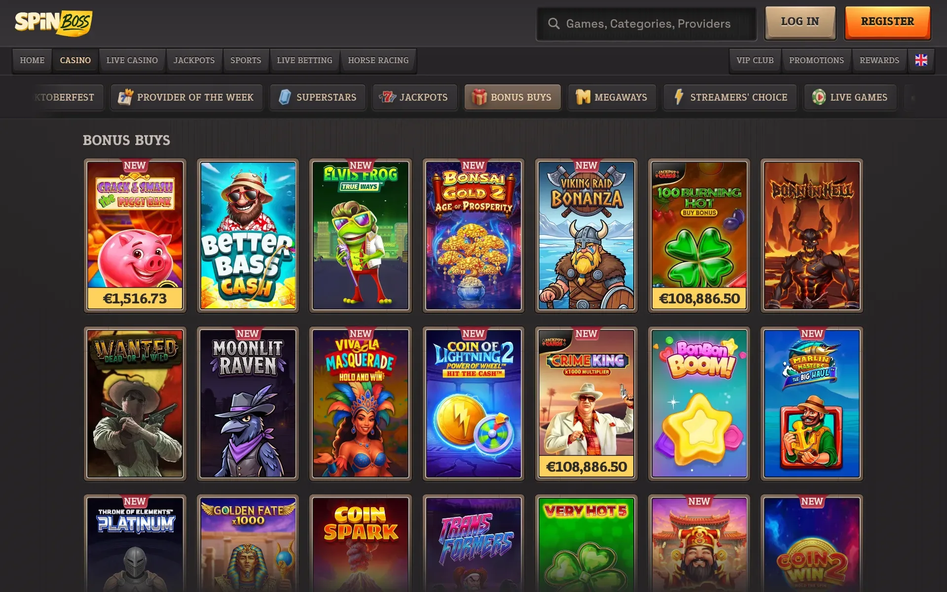 SpinBoss games lobby with popular slot titles