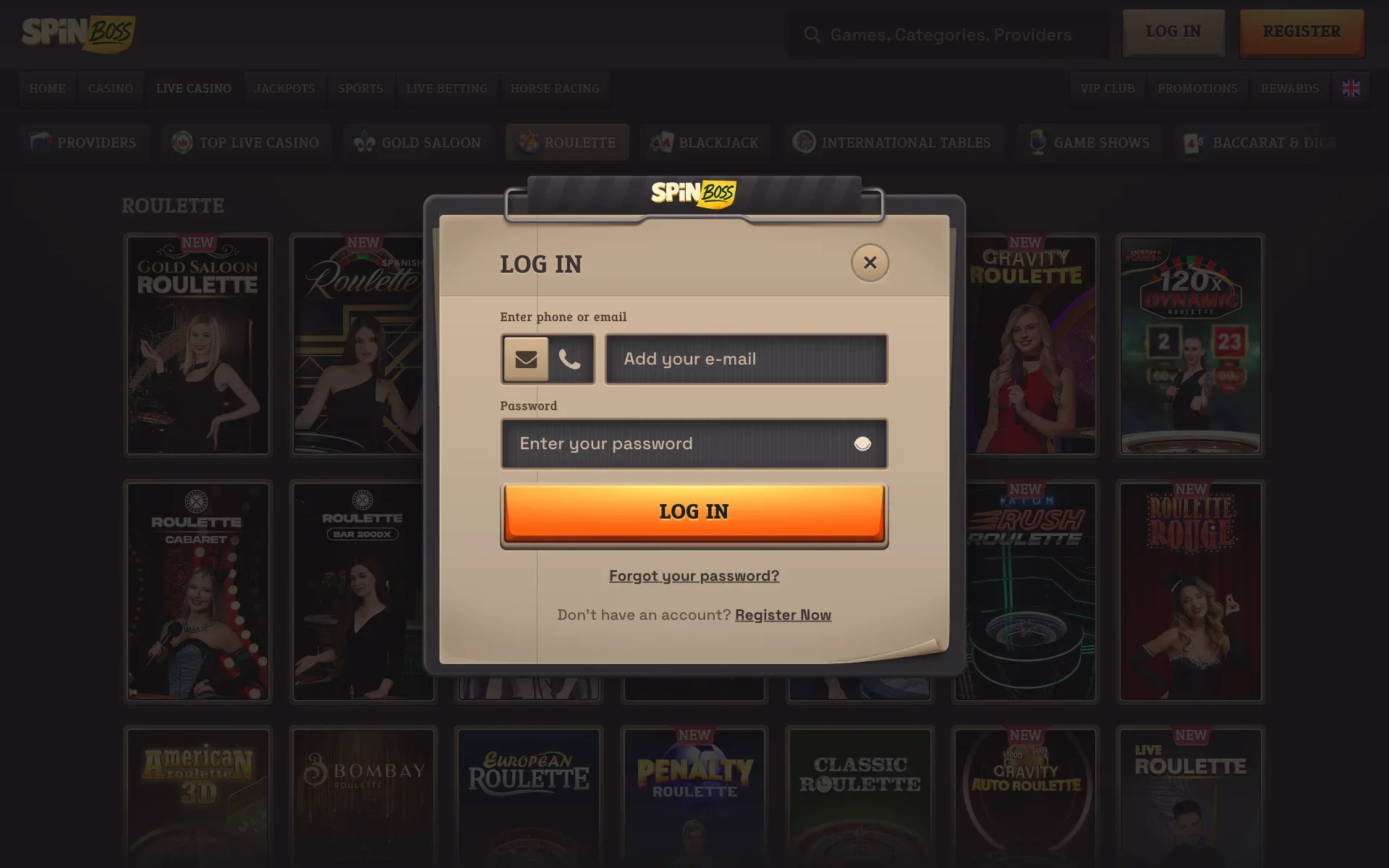 SpinBoss login window over a roulette lobby